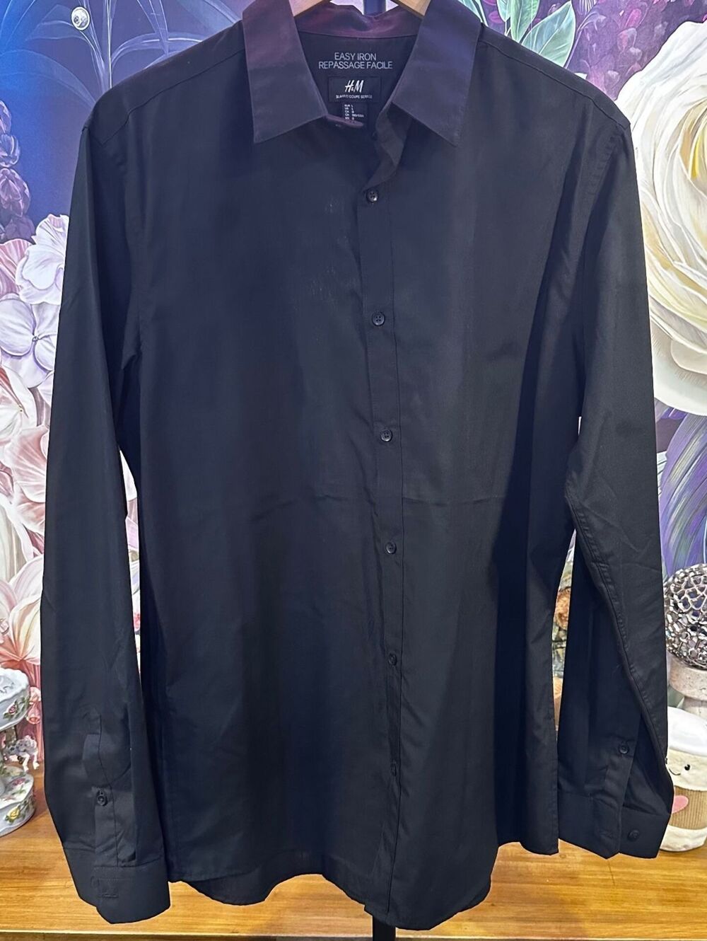 H&M L Men's Slim Fit Easy Iron Shirt Classic Minimalist Office Black Long Sleeve